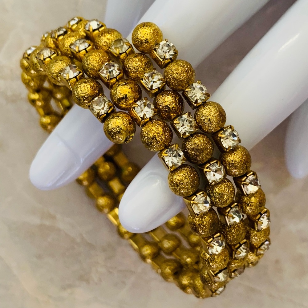 Golden Beaded Rhinestone Coil Wrap Bracelet